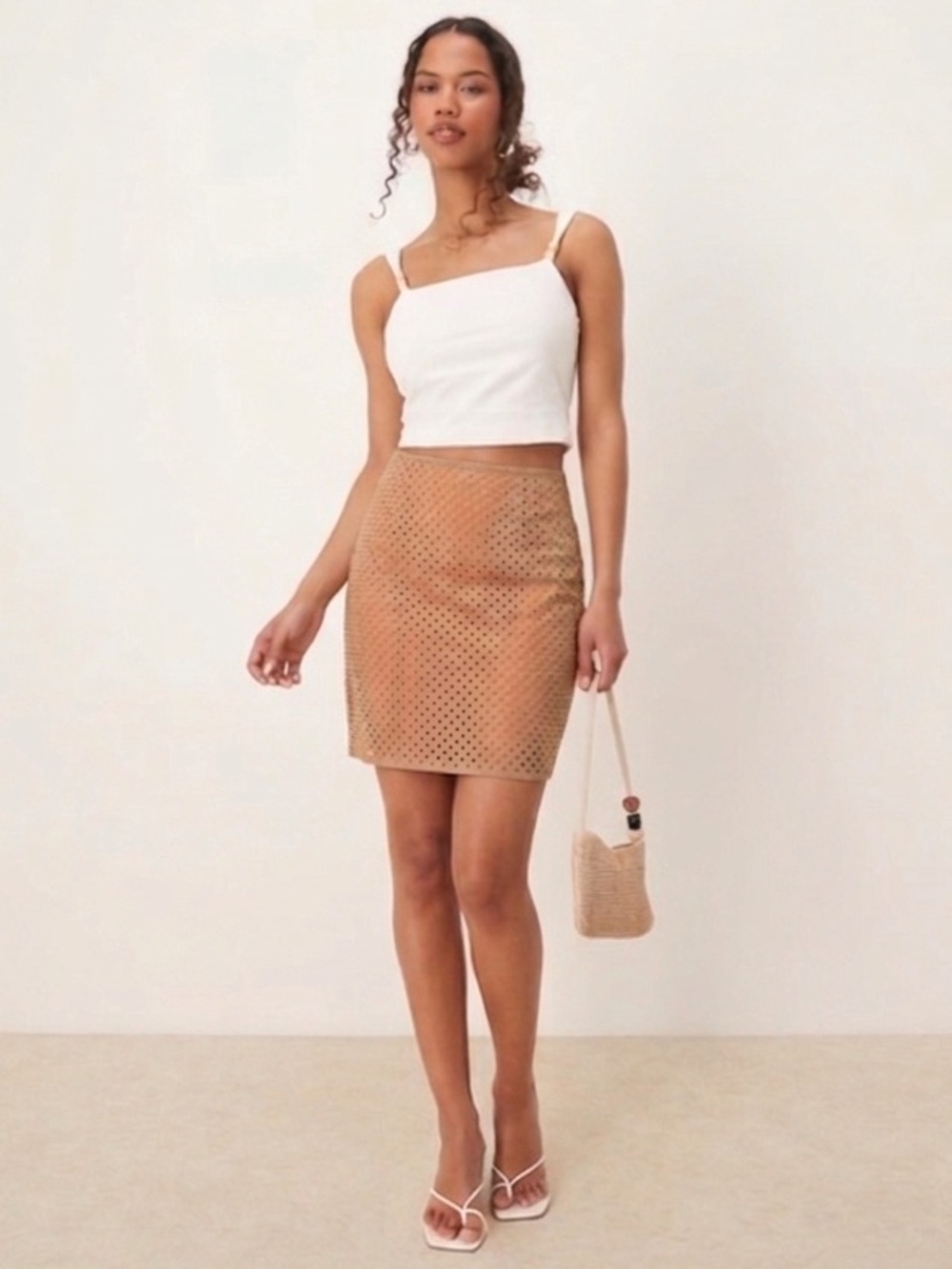The Limited Cotton Midi Perforated Eyelet Skirt Tan Orange 2 Layers Pencil Aline